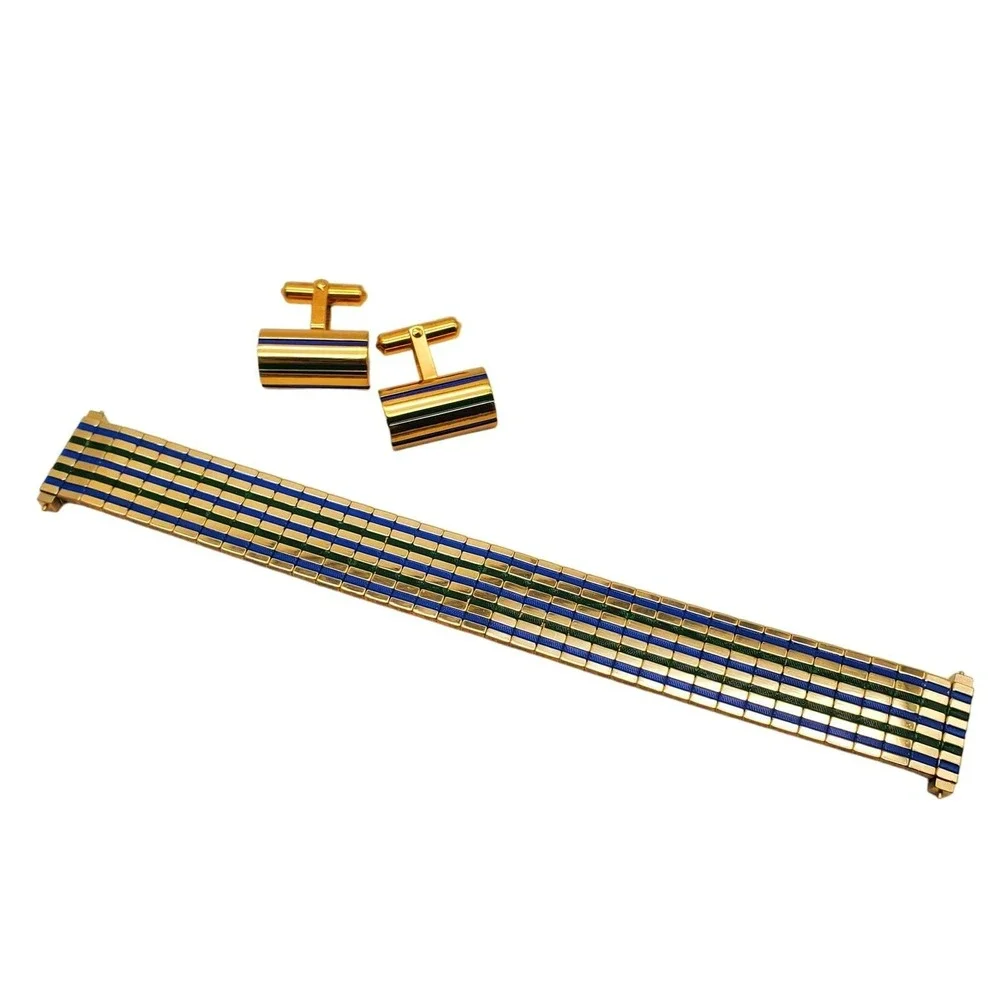 Destino Cufflinks Watch Band Blue Green Enamel Stripes 1/20 10K Gold Filled MCM